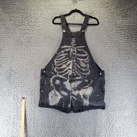 Time And Tru Overalls Womens XL Black Skeleton Print Denim Shorts Shortalls - Picture 1 of 10